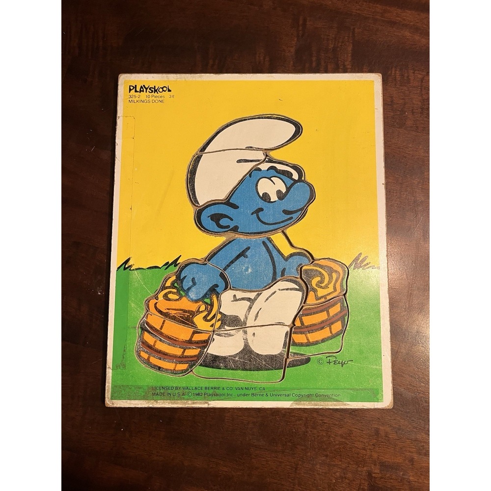 VINTAGE 1982 PLASKOL SMURF Wood Peg Puzzle 10 Pcs Smurfs 325-2 Milking‎ Buckets